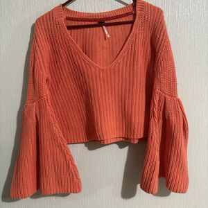 Free People Damsel Knit Bell Sleeve Sweater Orange Crop Wide Body Boho Fun Small